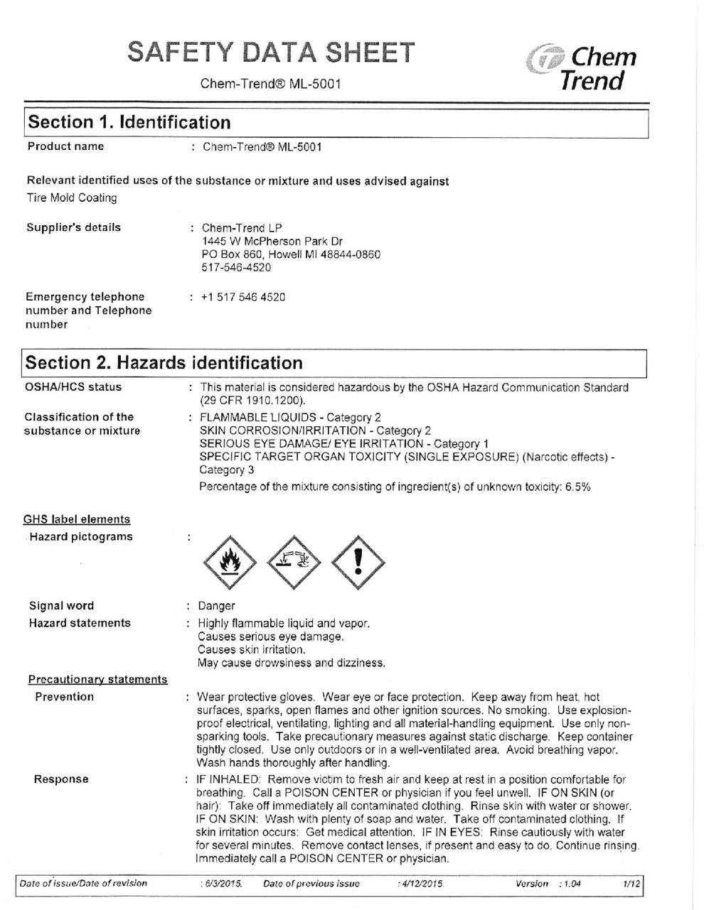 Chem Trend Release Agent Safety Data Sheet Sds Profoam Off