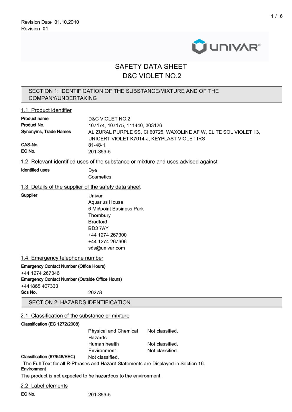 D&C VIOLET NO.2 MSDS Download