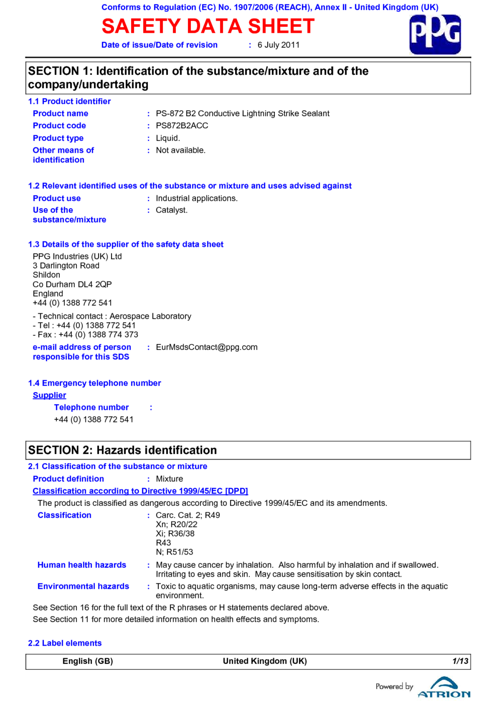 PS-872 B2 Conductive Lightning Strike Sealant MSDS Download