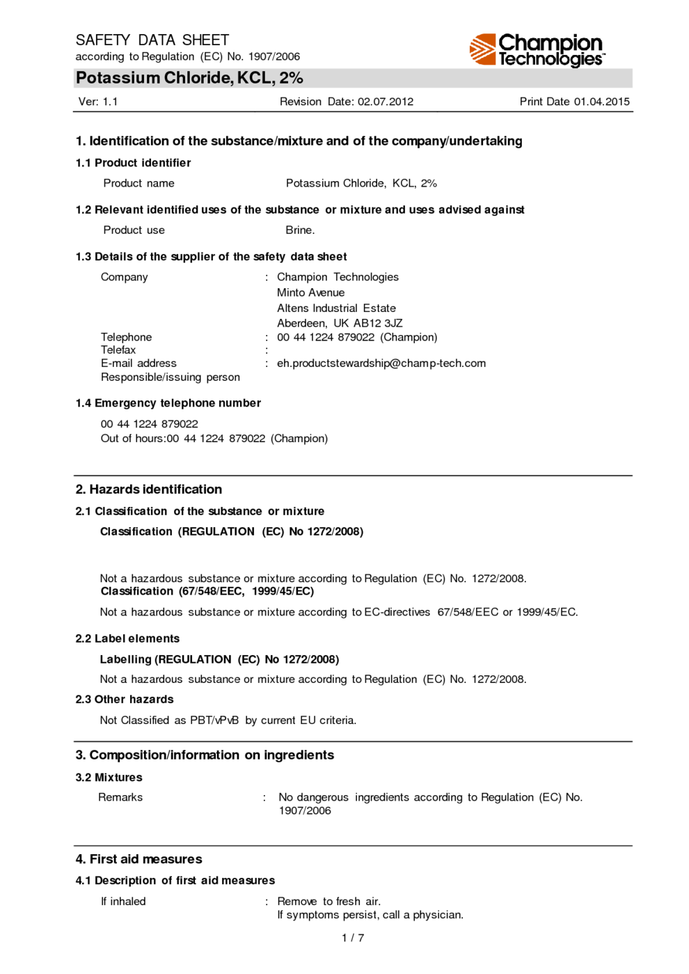 Potassium Chloride, KCL, 2% MSDS Download