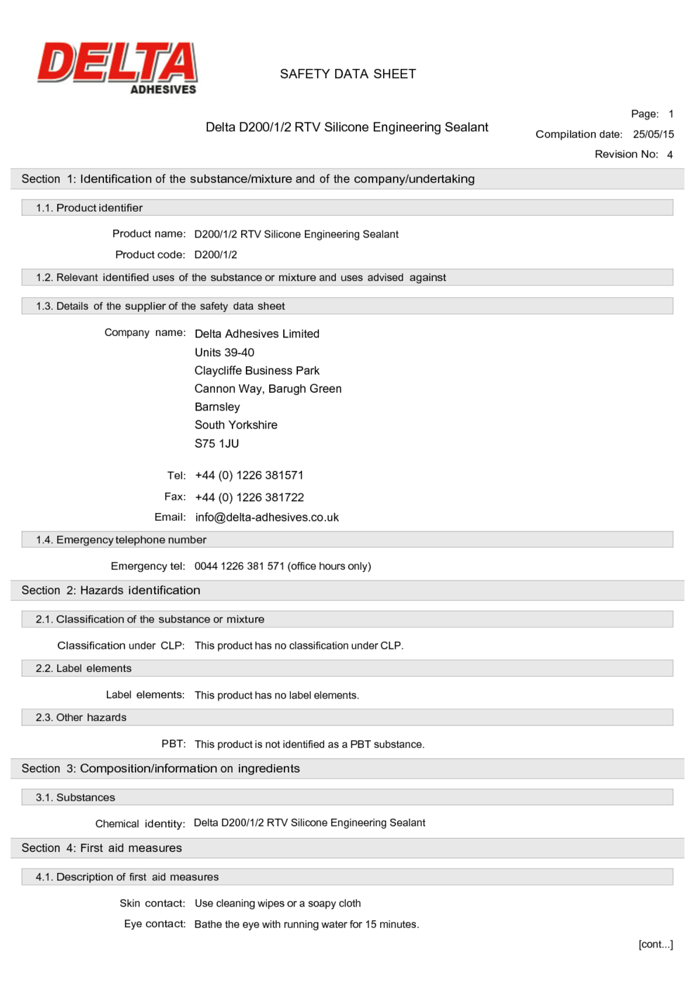 D200 1 2 RTV Silicone Engineering Sealant MSDS Download