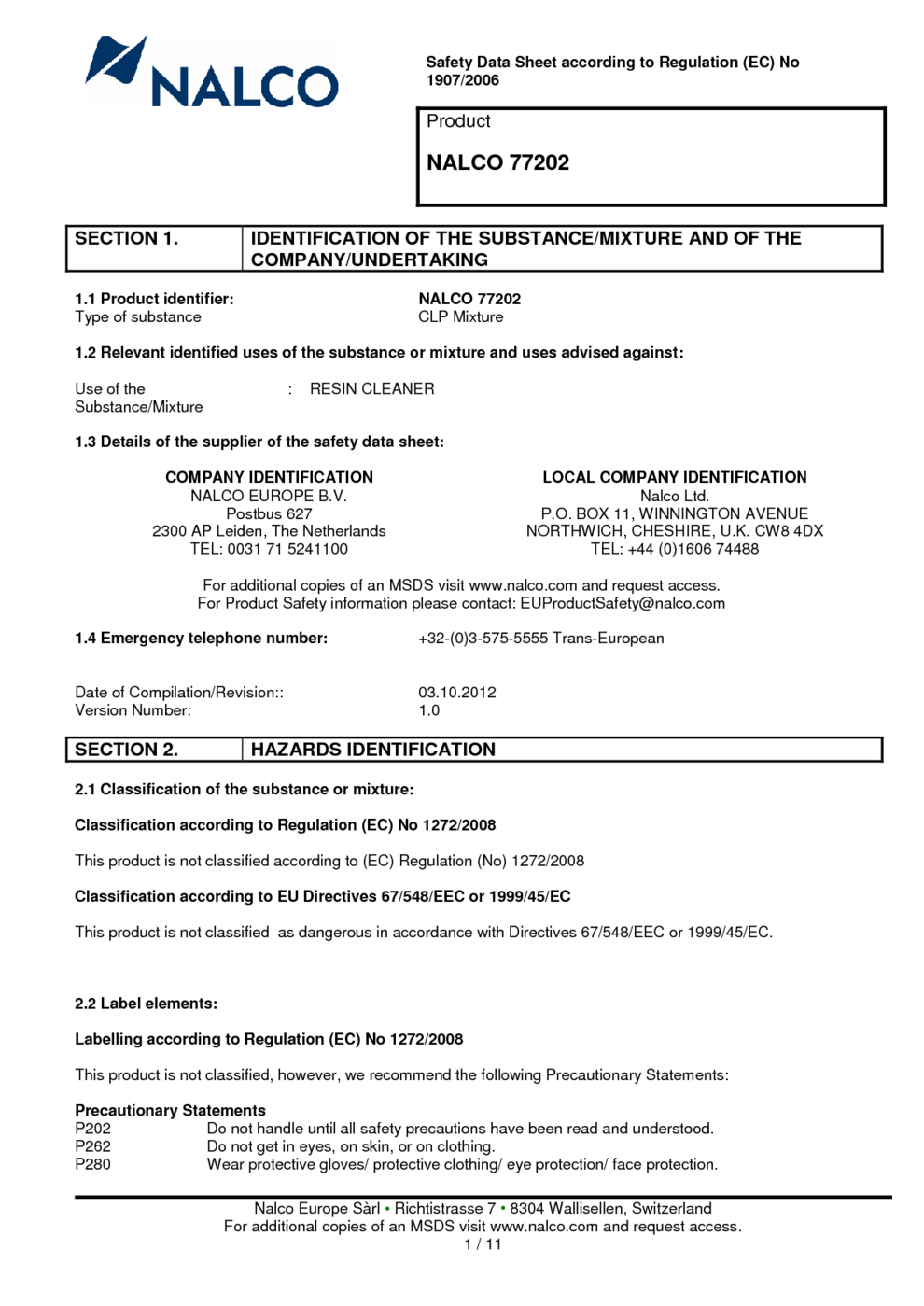 NALCO 77202 MSDS Download