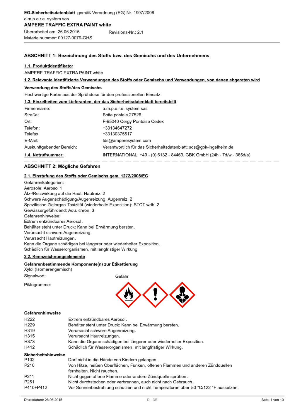 AMPERE TRAFFIC EXTRA PAINT white MSDS Download