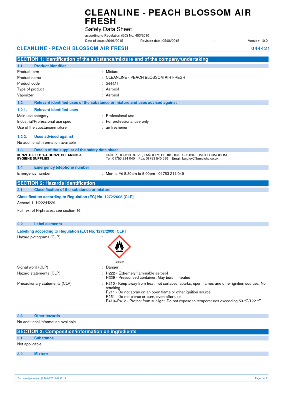 CLEANLINE - PEACH BLOSSOM AIR FRESH MSDS Download