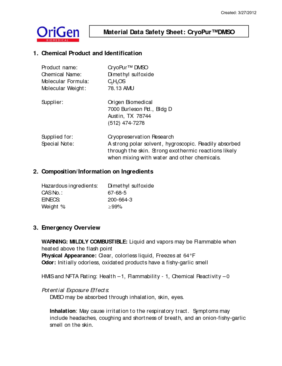 CryoPur DMSO MSDS Download