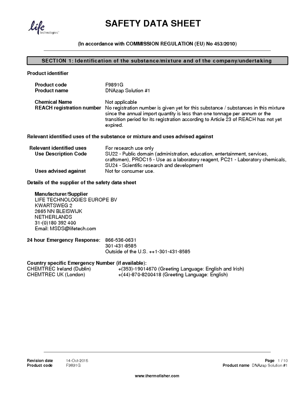 DNAzap Solution 1 MSDS Download