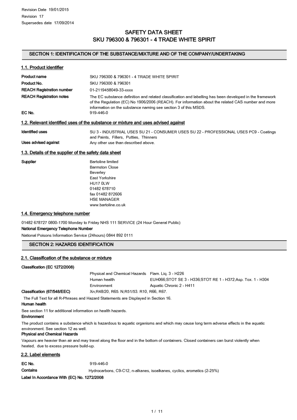 SKU 796300 796301 4 TRADE WHITE SPIRIT MSDS Download   165892 