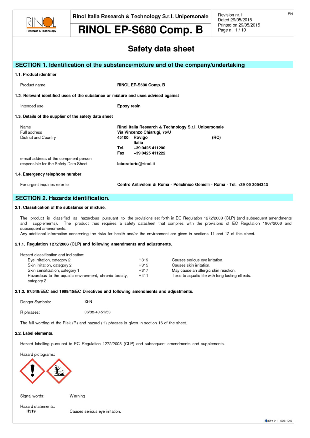 RINOL EP S680 Comp B MSDS Download