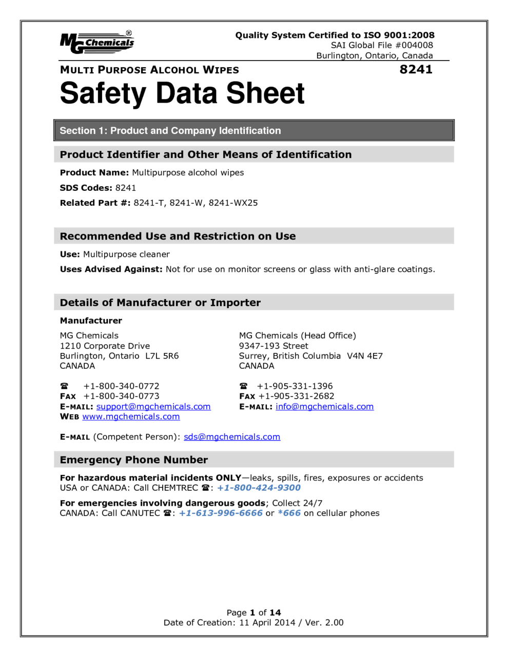 alcohol wipes sds