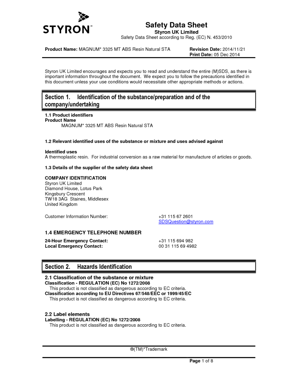 MAGNUM* 3325 MT ABS Resin Natural STA MSDS Download