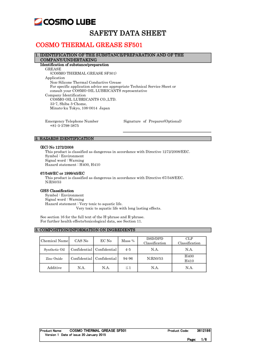 COSMO THERMAL GREASE SF501 MSDS Download