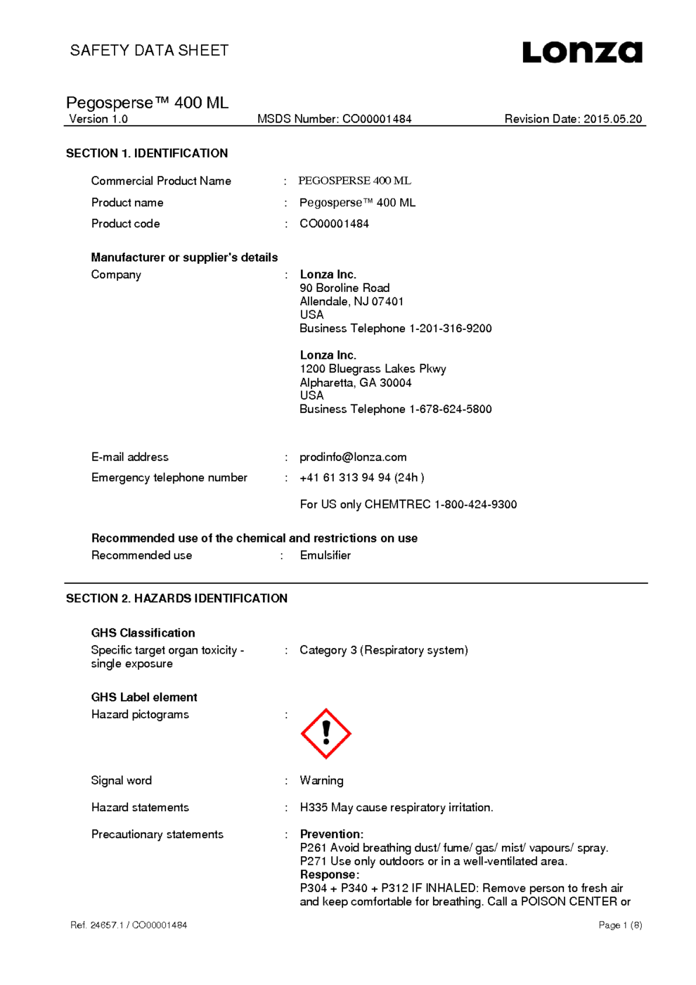 Pegosperse 400 ML MSDS Download