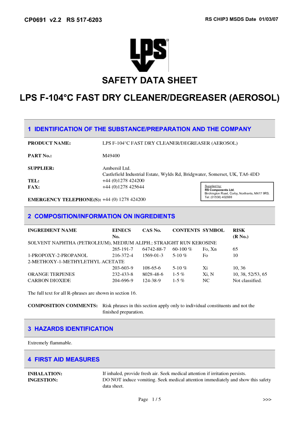 Lps F-104°c Fast Dry Cleaner Degreaser (aerosol) Msds Download