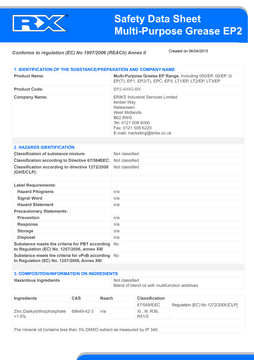 MultiPurpose Grease EP2 MSDS Download