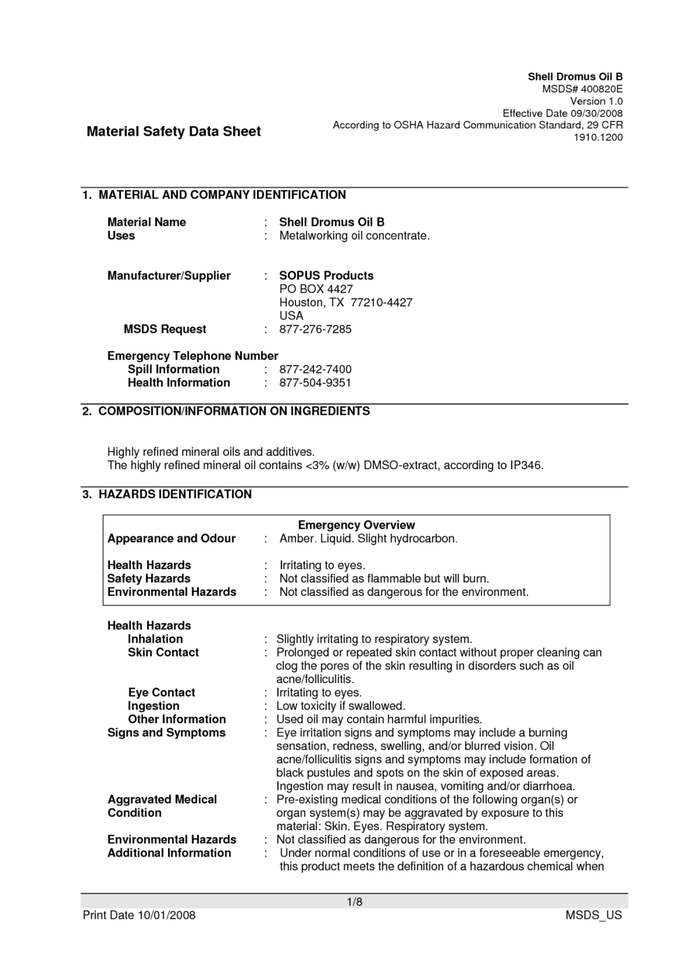 Shell Dromus Oil B MSDS Download