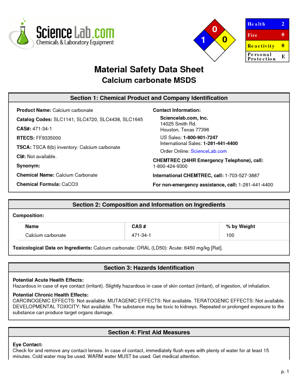 Calcium Carbonate Msds Download