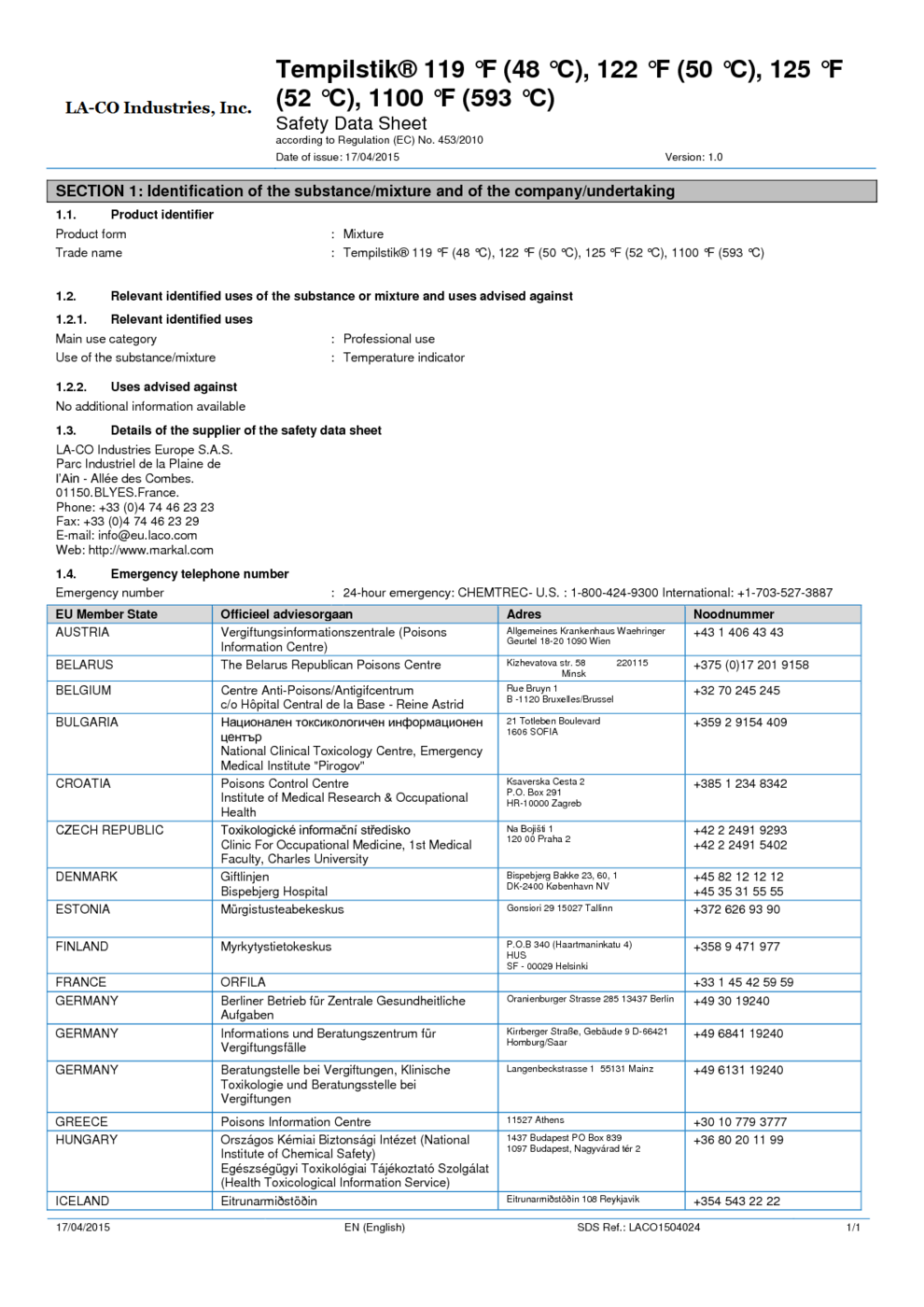 Tempilstik 119 F 48 C 122 F 50 C 125 F 52 C 1100 F 593 C MSDS Download