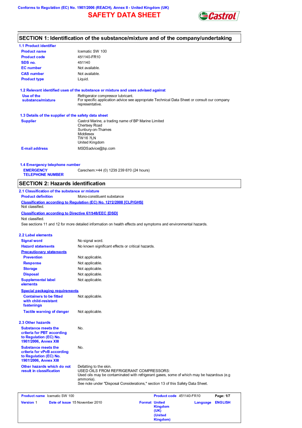 Icematic SW 100 MSDS Download