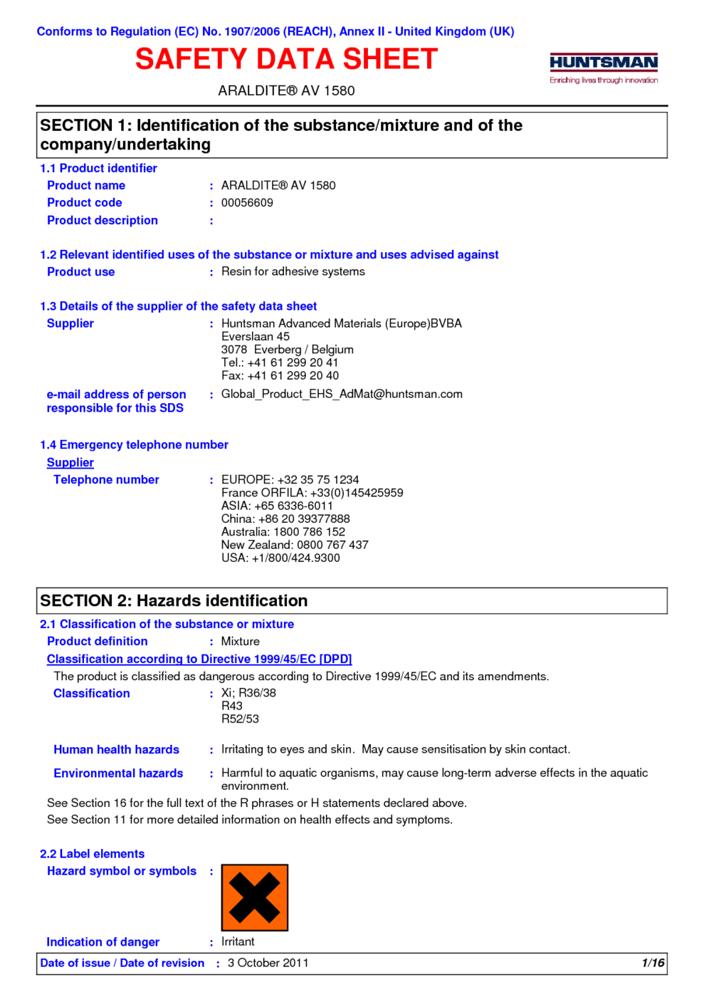 ARALDITE® AV 1580 MSDS Download