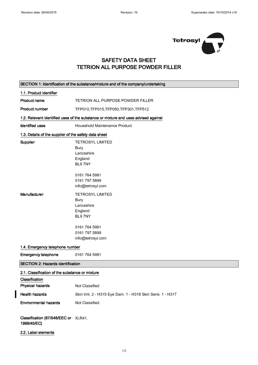 TETRION ALL PURPOSE POWDER FILLER MSDS Download