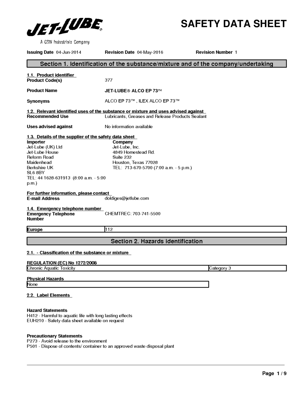 JETLUBE ALCO EP 73 MSDS Download