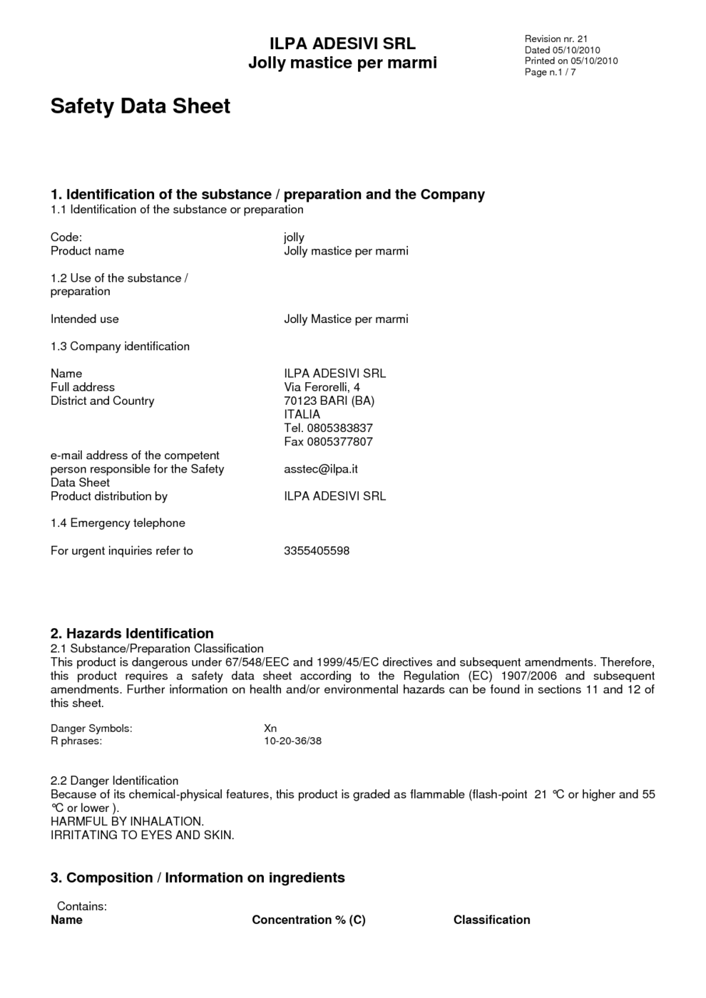 Jolly mastice per marmi MSDS Download