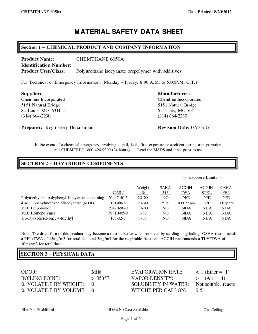 CHEMTHANE 6050A MSDS Download