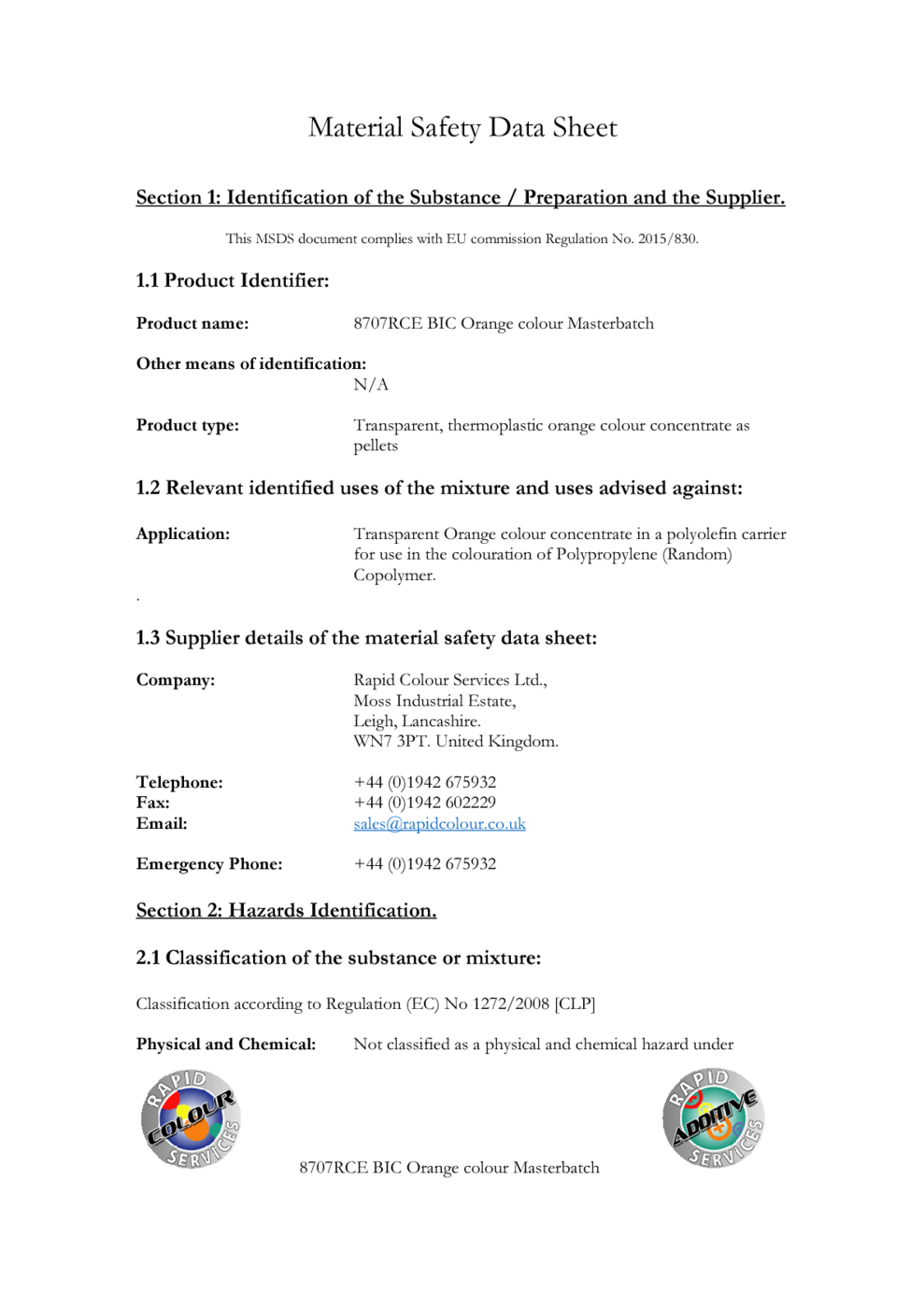 BIC ORANGE MASTERBATCH 2 MSDS Download