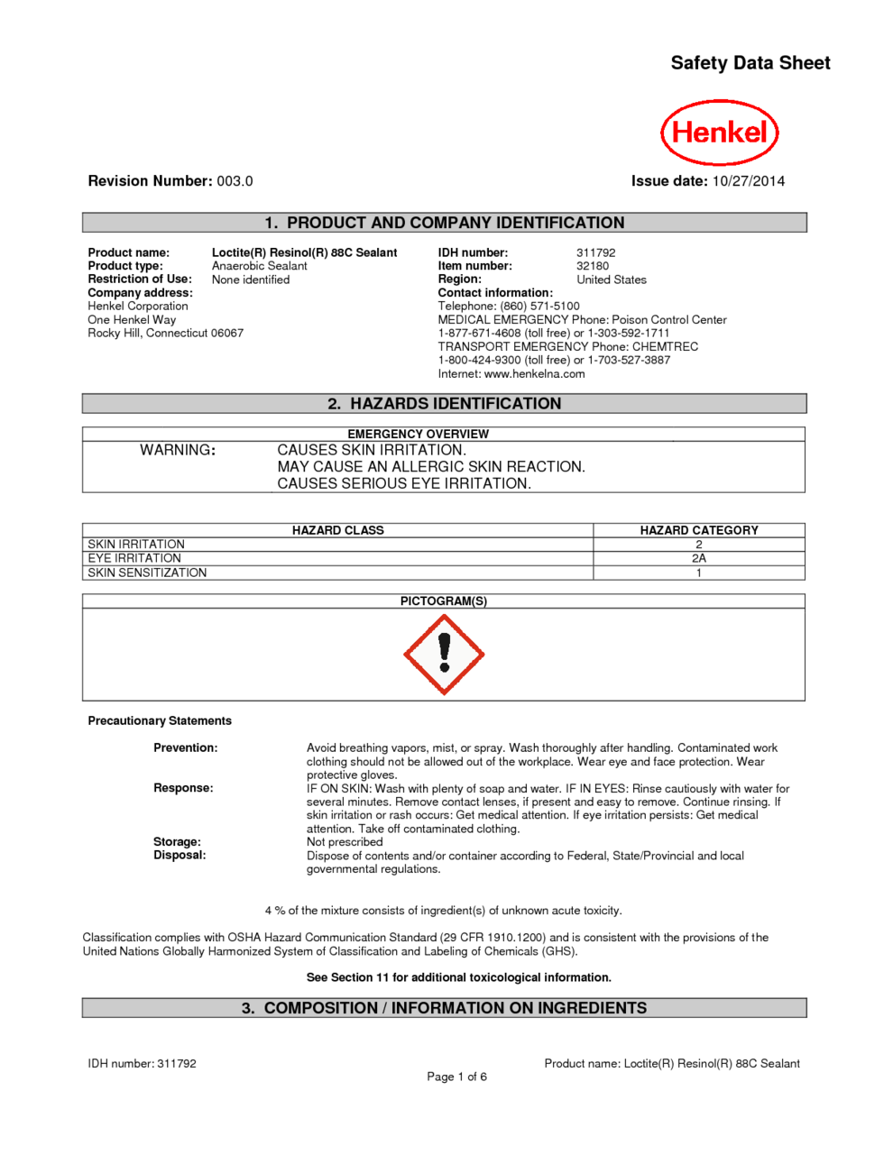 Loctite(R) Resinol(R) 88C Sealant MSDS Download