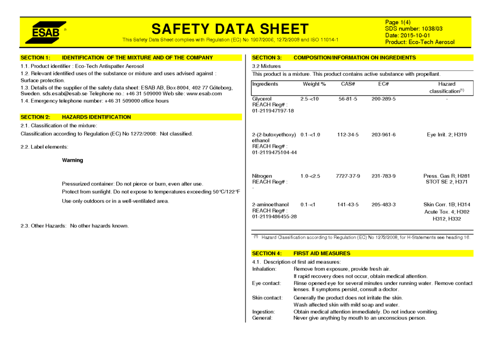 Eco Tech Anti spatter Aerosol MSDS Download