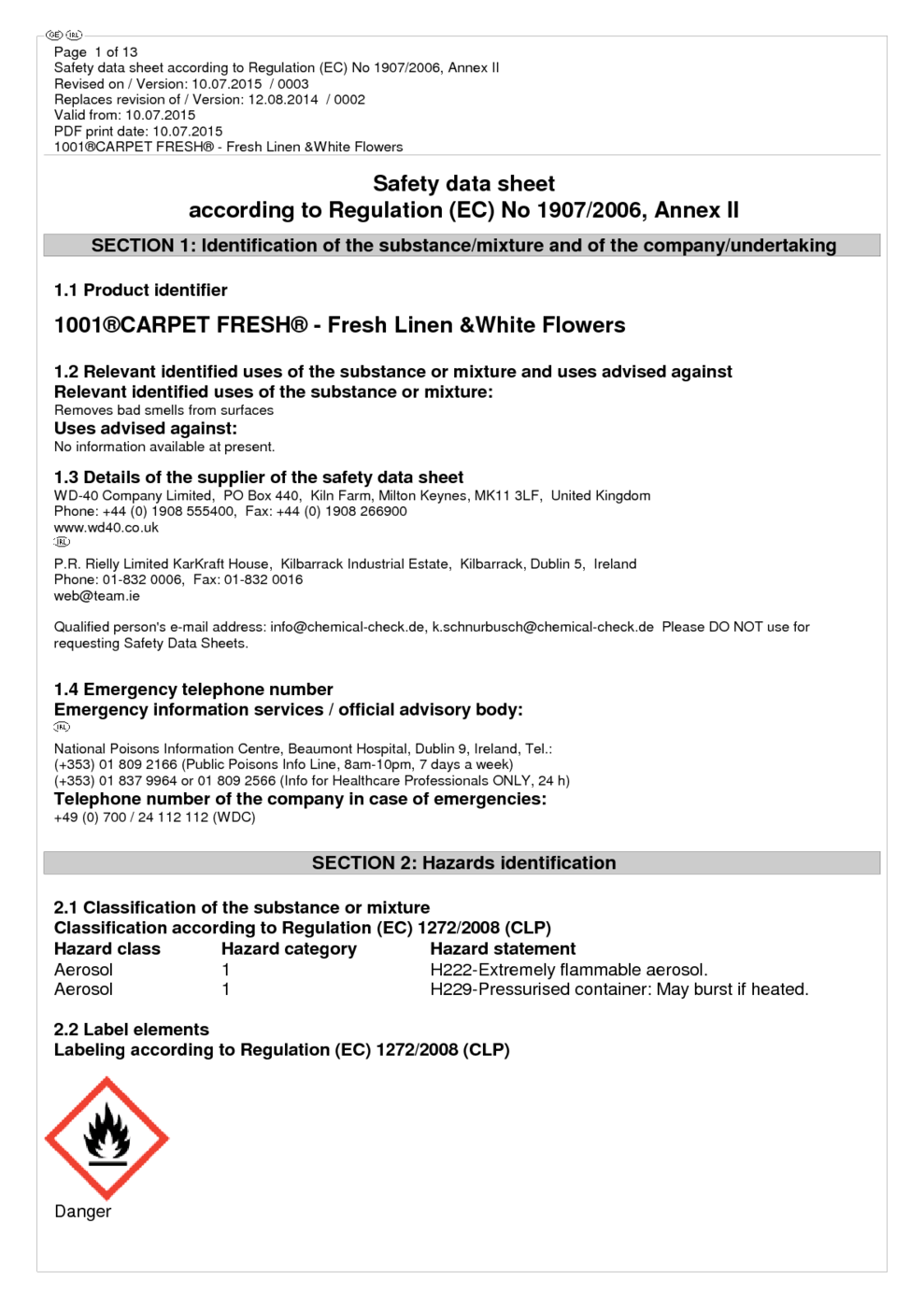 CARPET FRESH - Fresh Linen & White Flowers MSDS Download