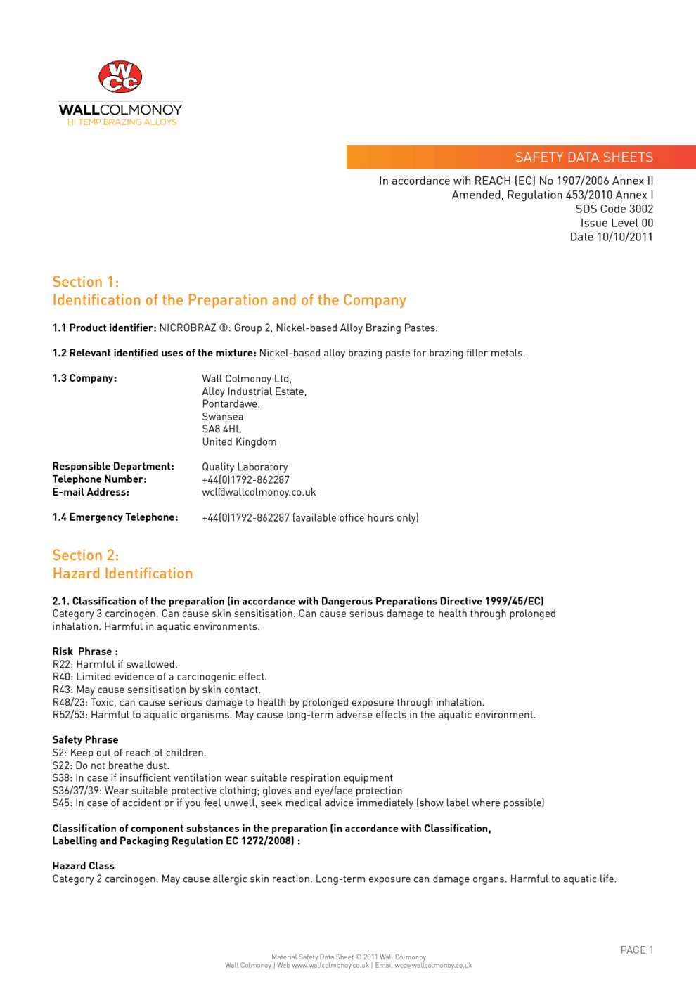 NICROBRAZ: Group 2, Nickel-based Alloy Brazing Pastes MSDS Download