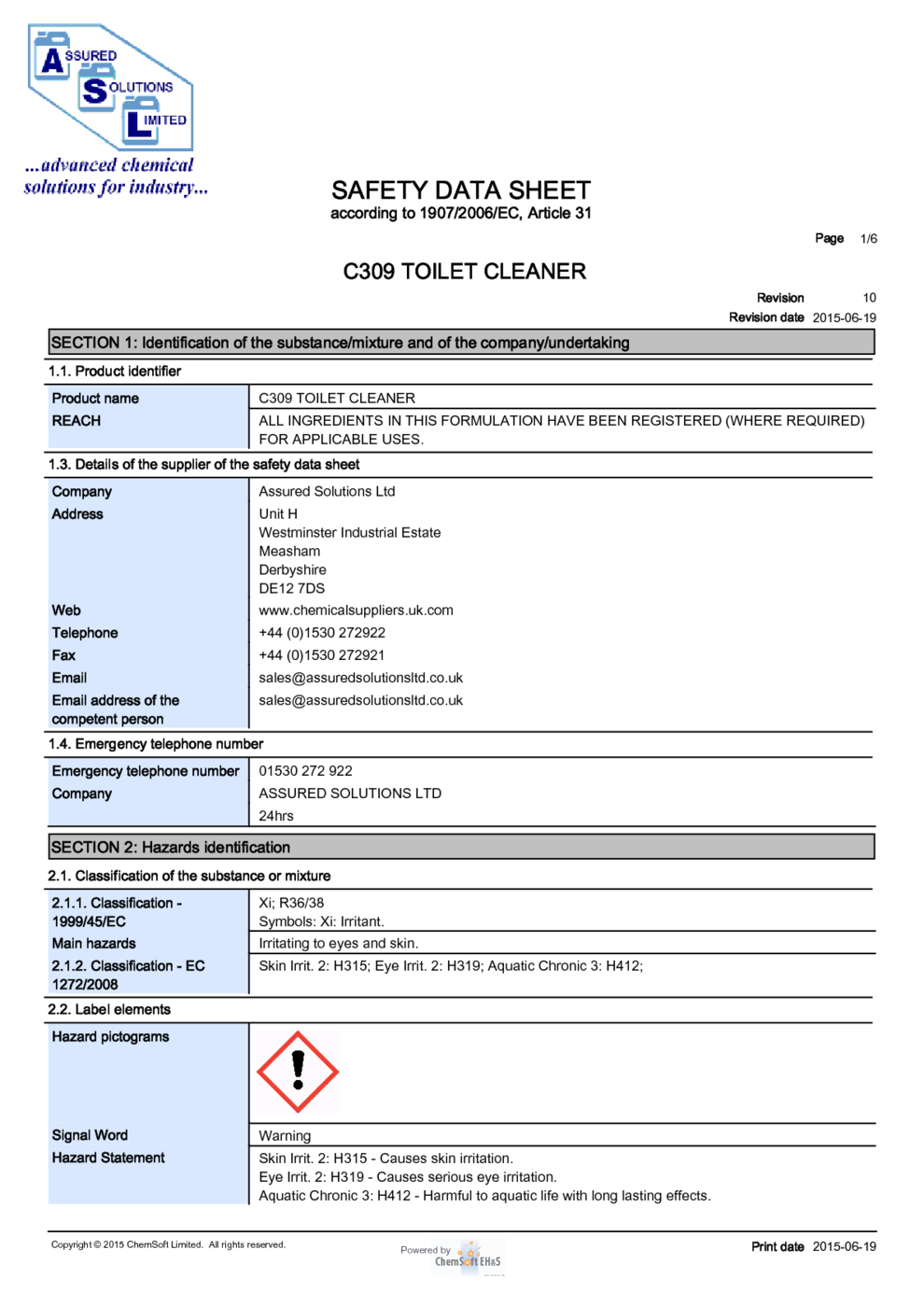 C309 TOILET CLEANER MSDS Download