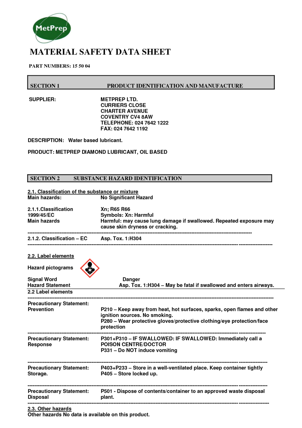 METPREP DIAMOND LUBRICANT, OIL BASED MSDS Download