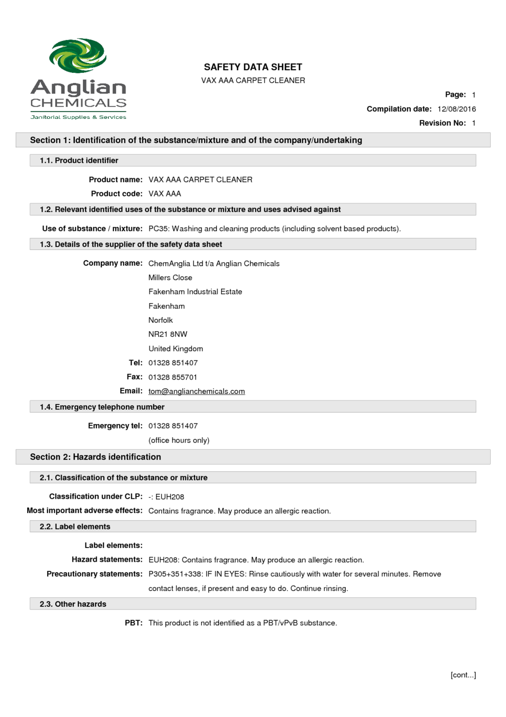 VAX AAA CARPET CLEANER MSDS Download