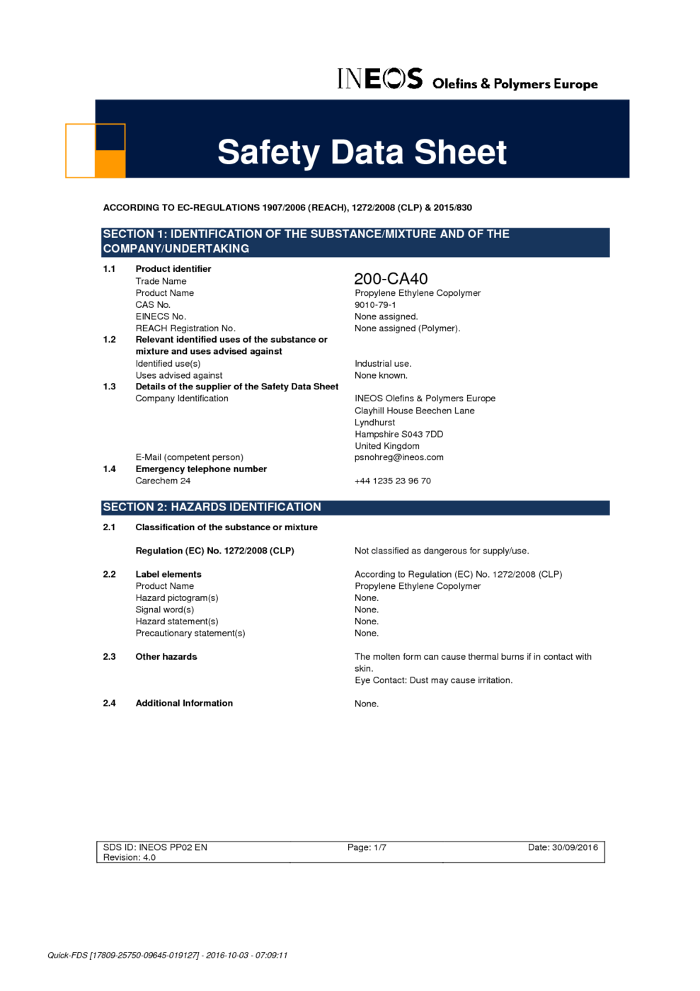 Propylene Ethylene Copolymer MSDS Download