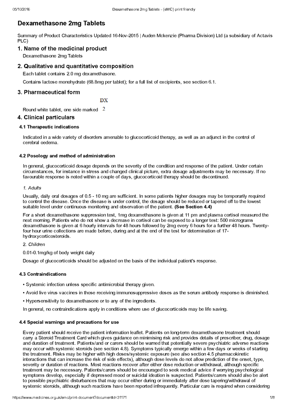 Dexamethasone 2mg Tablets MSDS Download