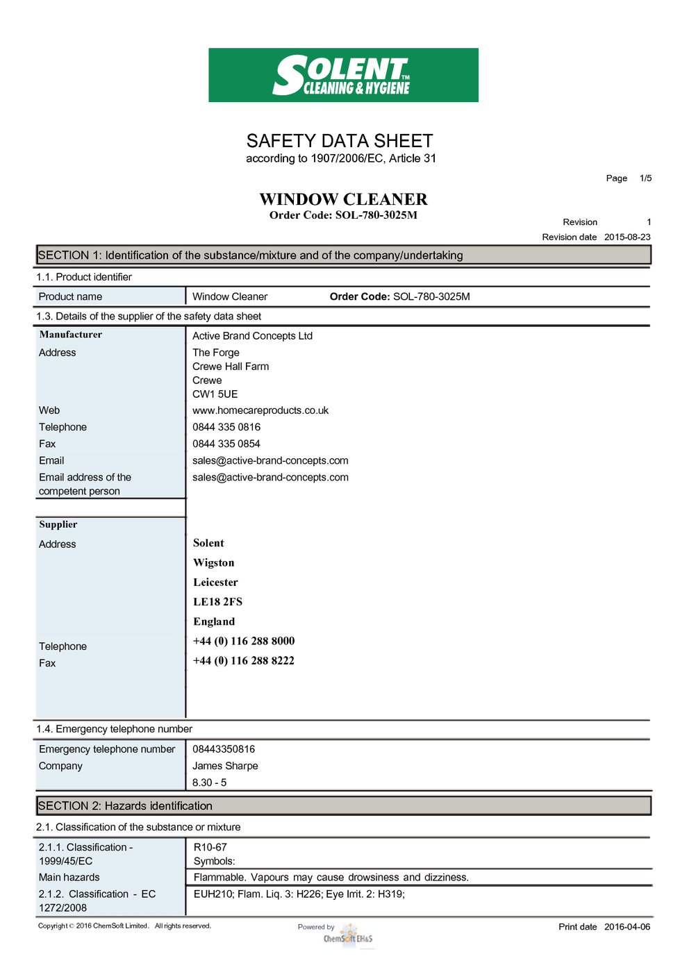hd cleaner msds
