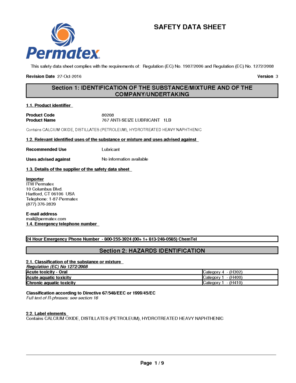 767 ANTISEIZE LUBRICANT 1LB MSDS Download