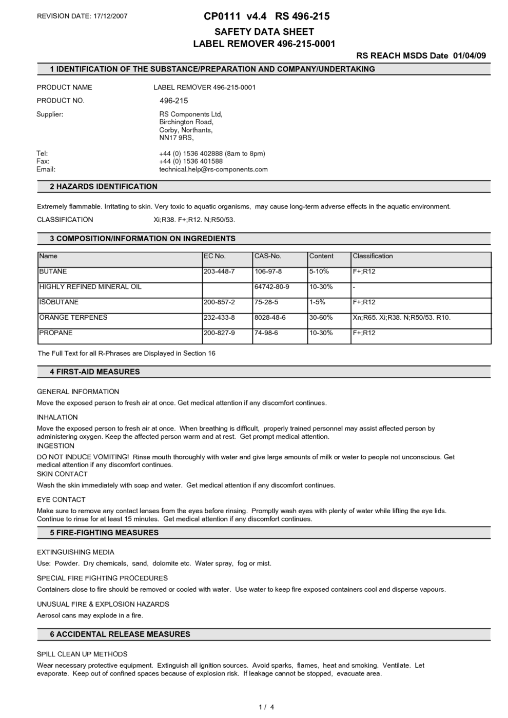 LABEL REMOVER 4962150001 MSDS Download