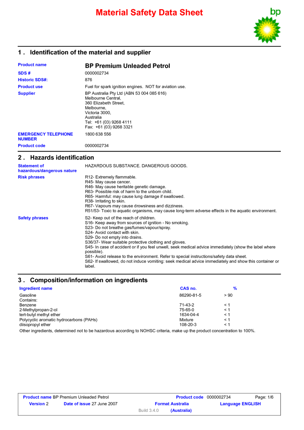 BP Premium Unleaded Petrol MSDS Download