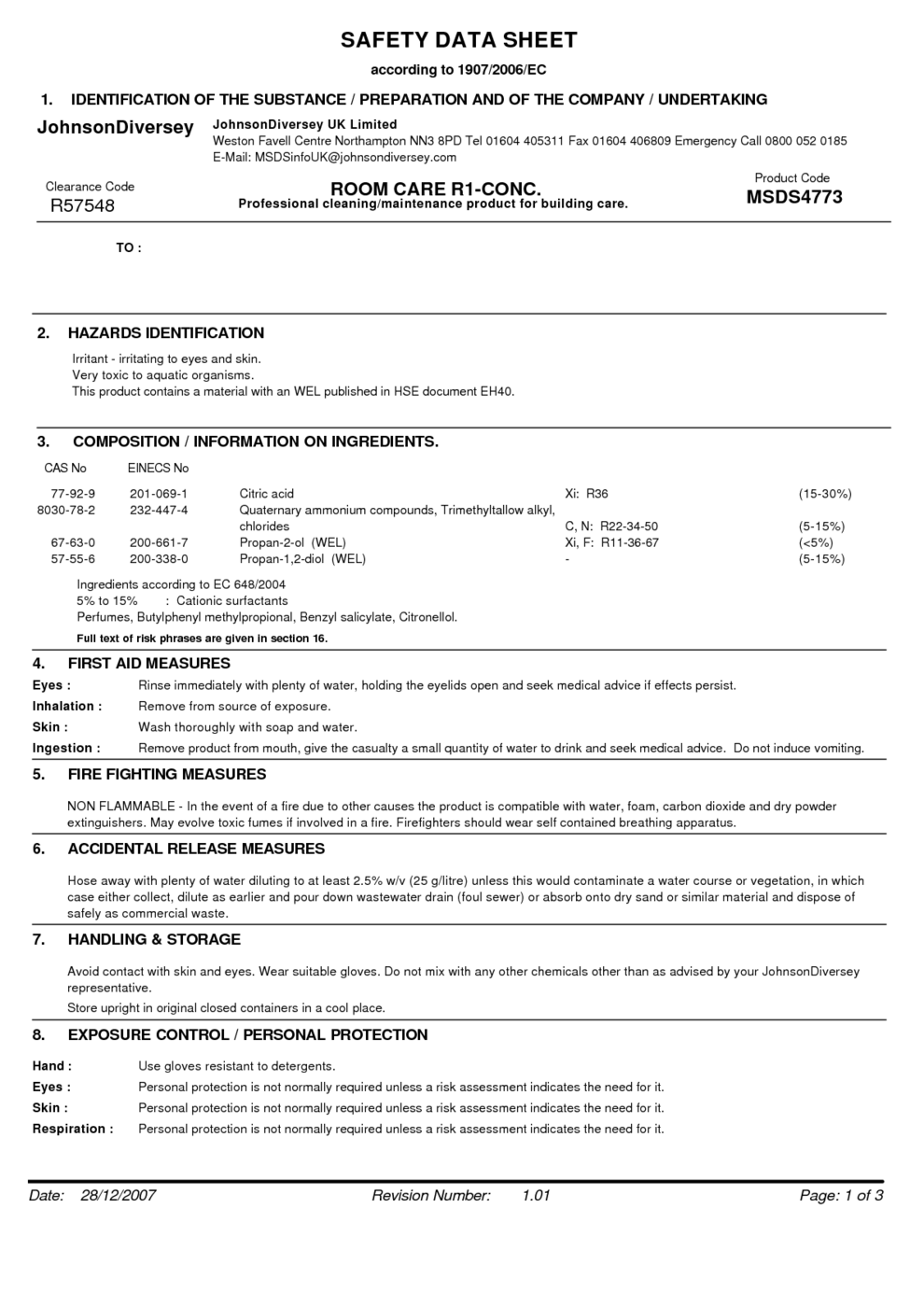 TASKI SANI CID J-FLEX SPRAY MSDS Download