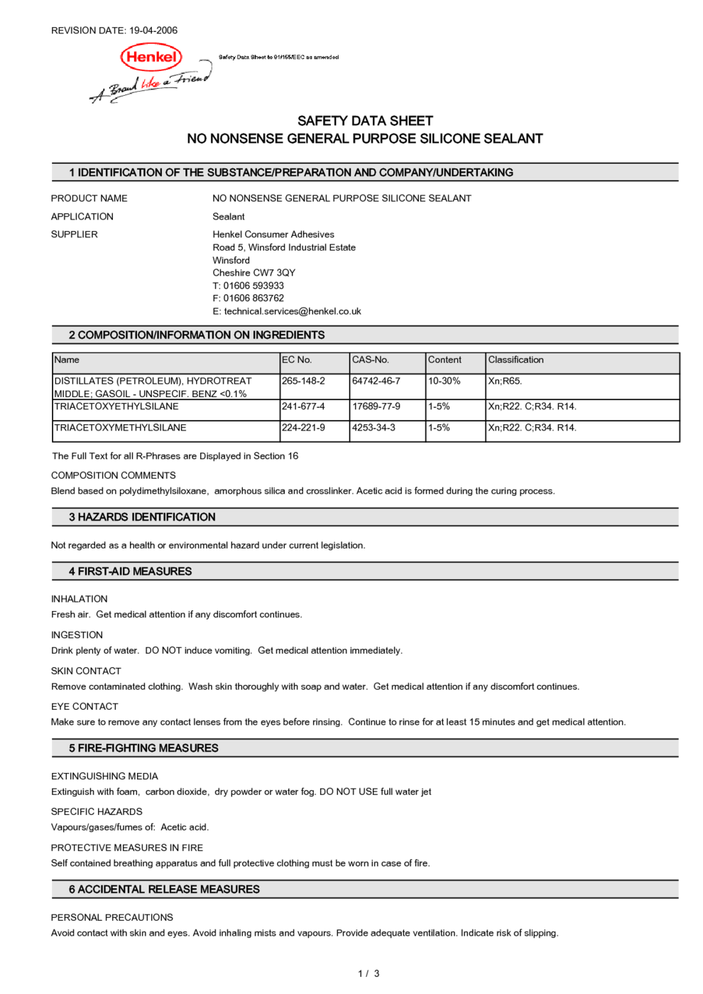 NO NONSENSE GENERAL PURPOSE SILICONE SEALANT MSDS Download