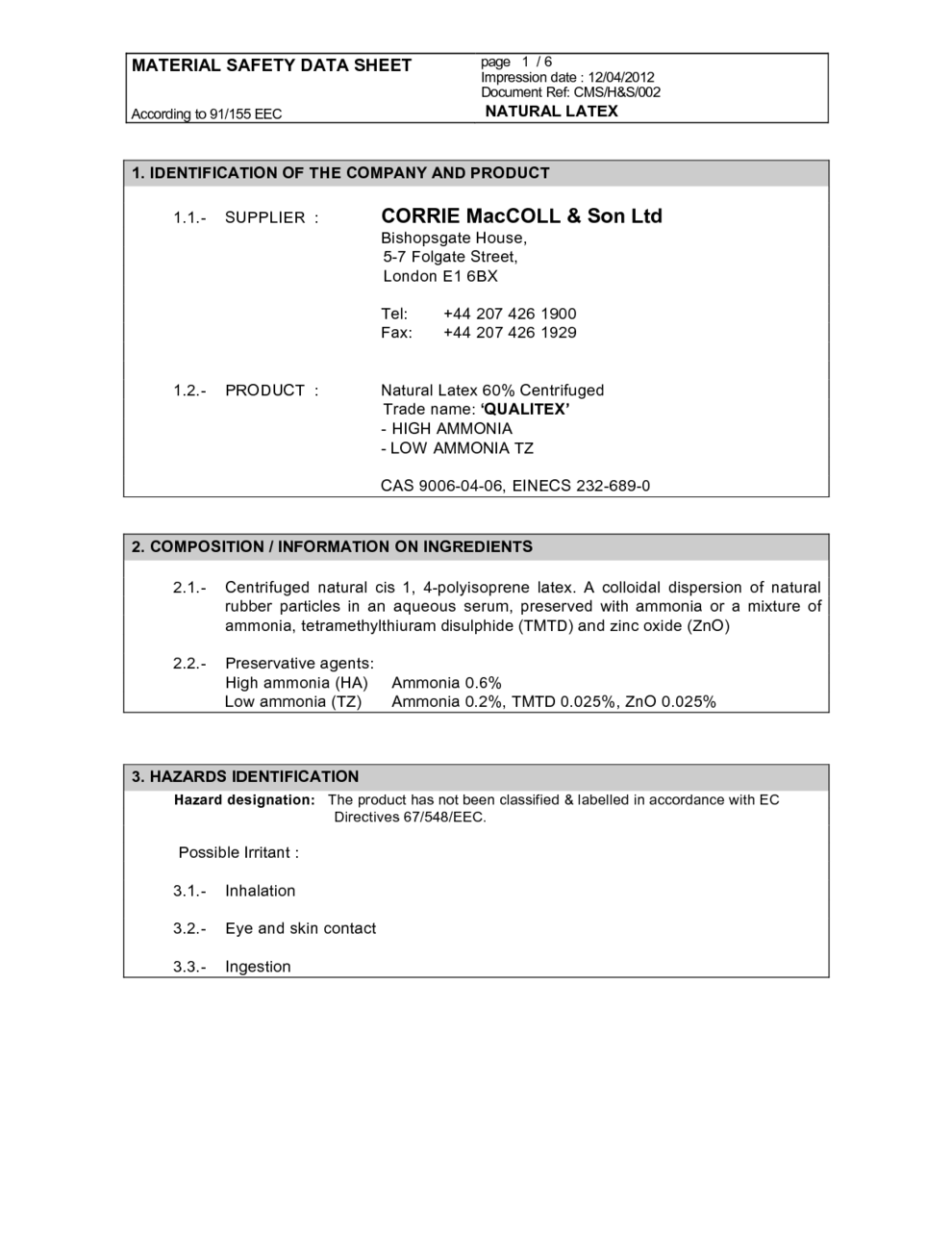 NATURAL LATEX MSDS Download