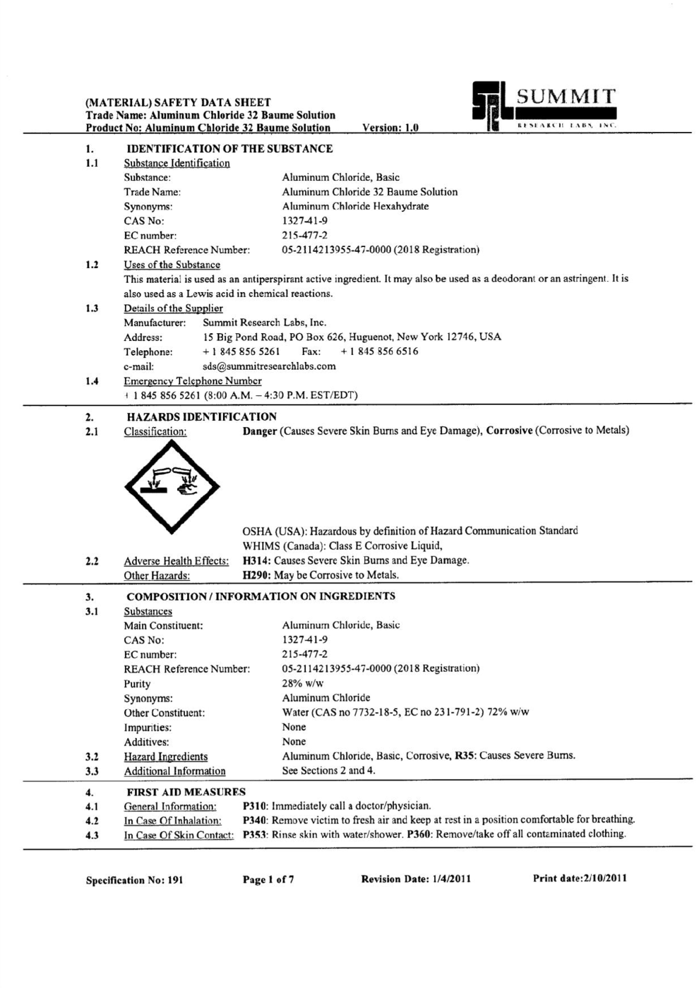 Aluminum Chloride 32 Baume Solution MSDS Download