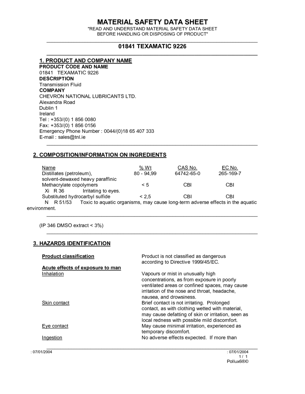 Texamatic 9226 Msds Download