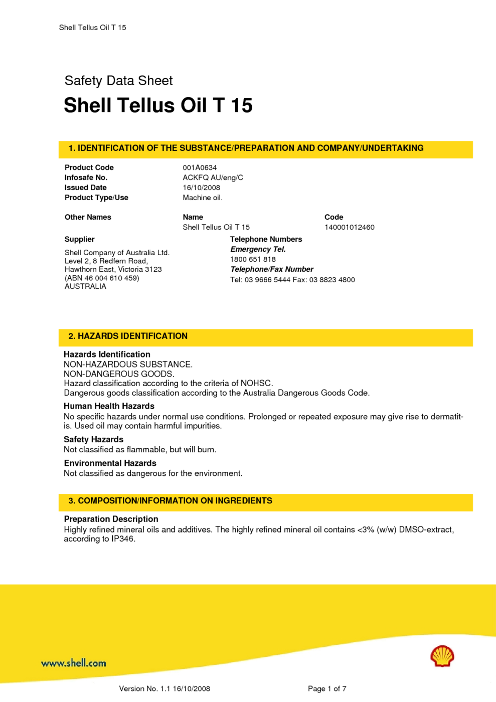 Shell Tellus Oil T 15 Msds Download