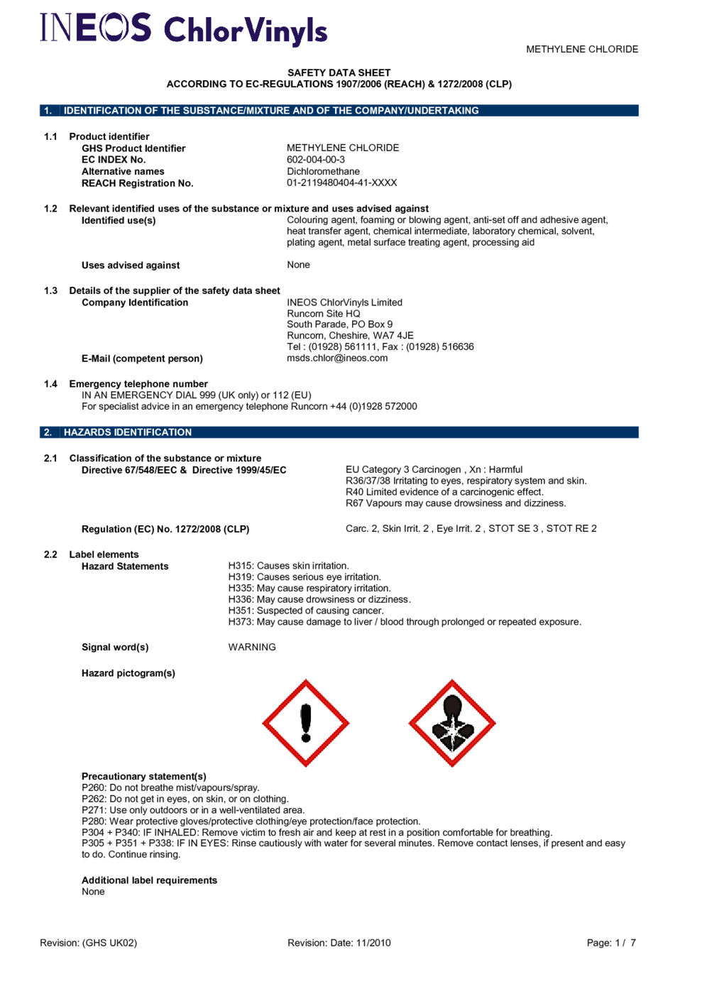 METHYLENE CHLORIDE MSDS Download