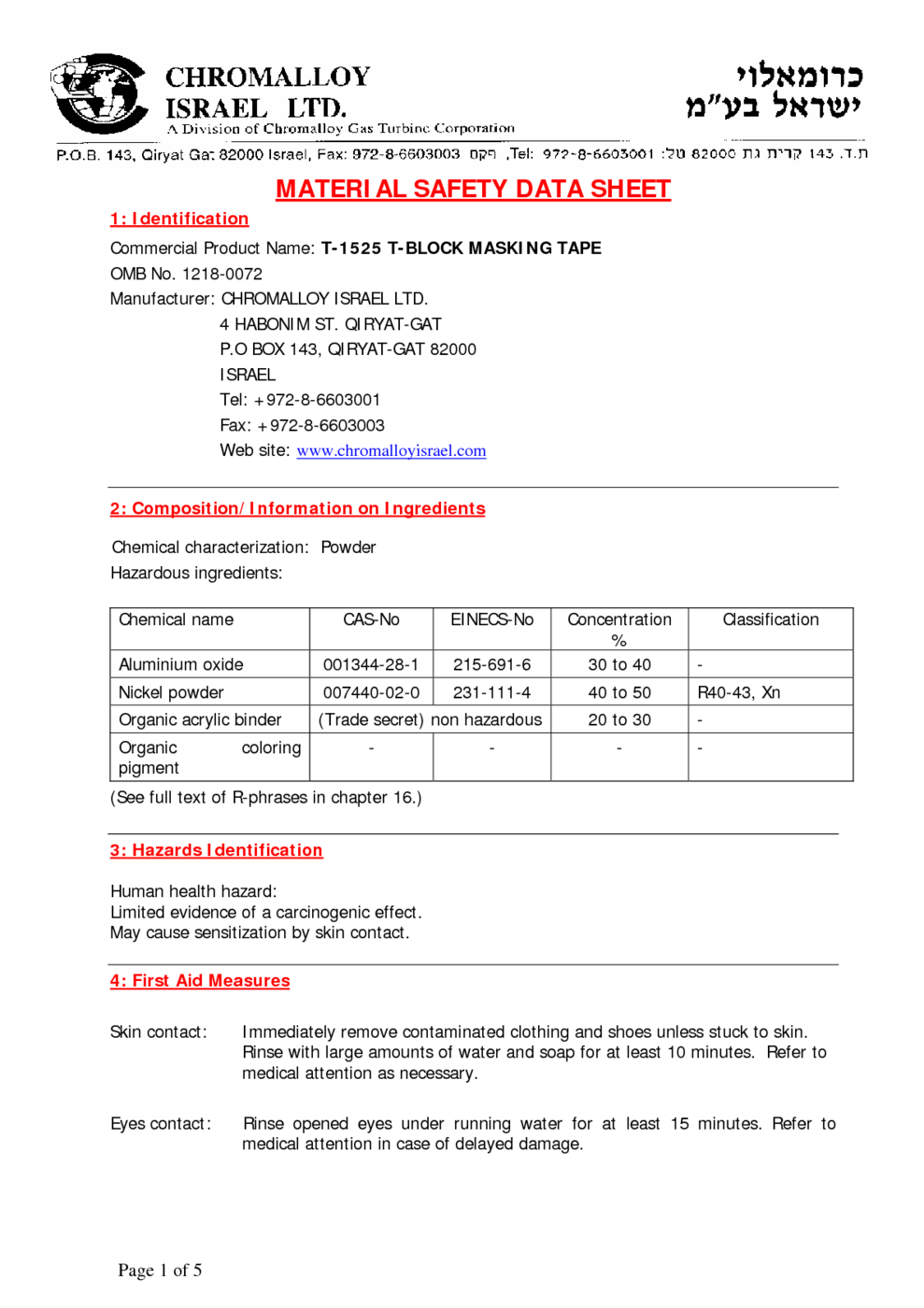 T1525 TBLOCK MASKING TAPE MSDS Download