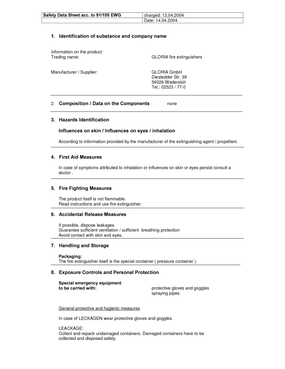 GLORIA fire extinguishers MSDS Download